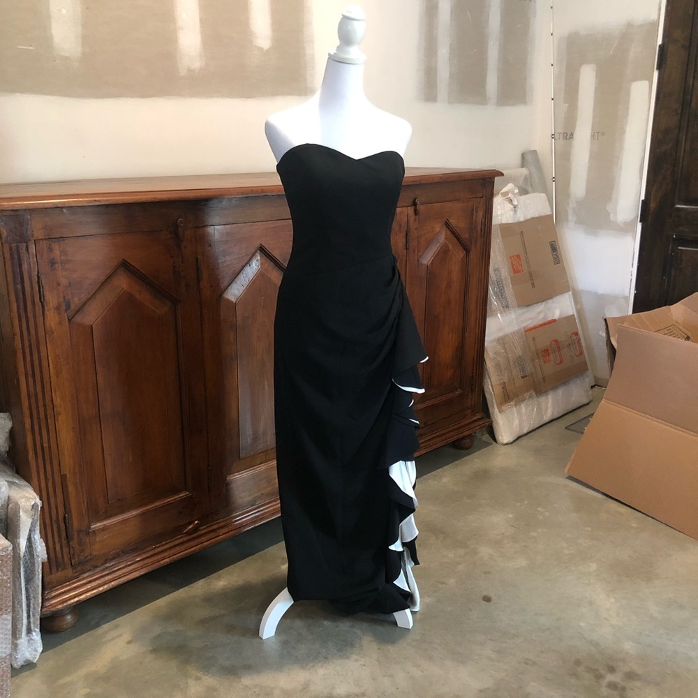 COPY - Badgley Mischka Collection Strapless Black & White Ruffle Evening Gown, …